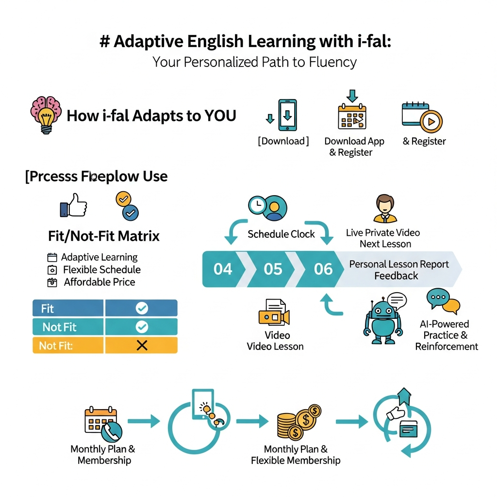 Infographic showing i-fal's adaptive English learning flow with a 20-minute trial, 25-minute lessons, teacher plus AI practice, flexible hours, and cancellation.