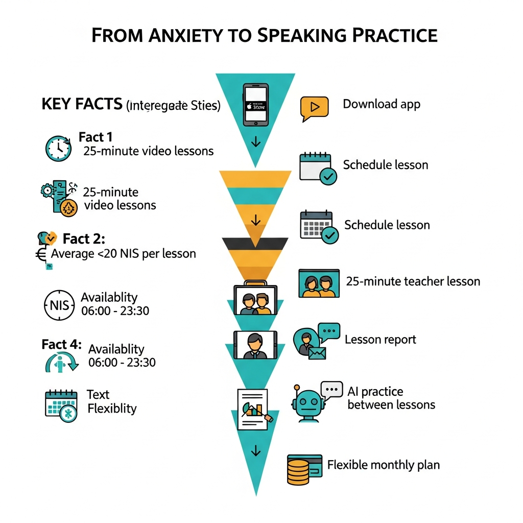 Infographic showing how i-fal combines a 20-minute trial, 25-minute lessons, teacher support, AI practice, flexible scheduling, and cancellation flexibility.