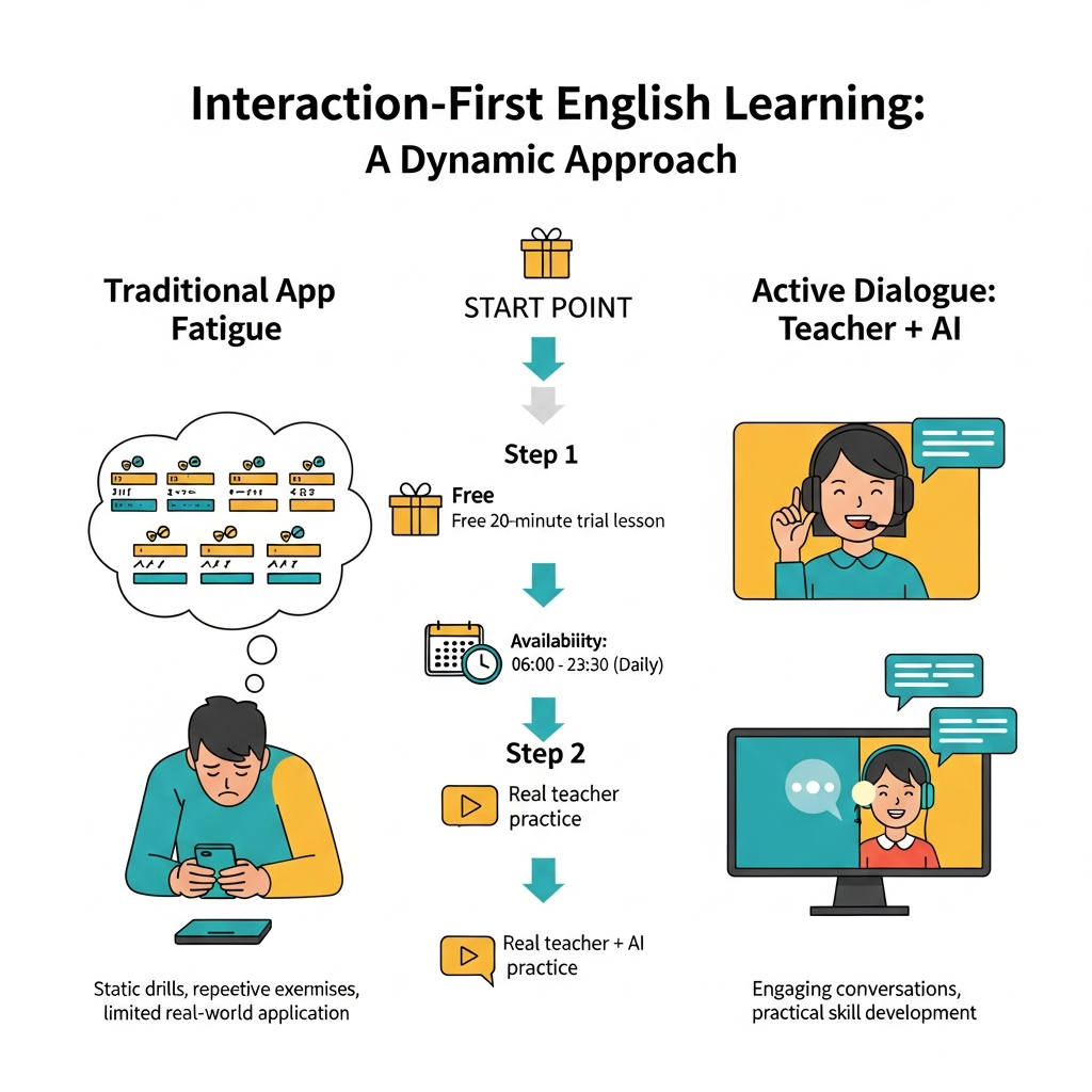 Infographic showing how interaction-first English learning combines a free 20-minute trial, 25-minute lessons, teacher support, AI practice, flexible scheduling, and cancellation flexibility.