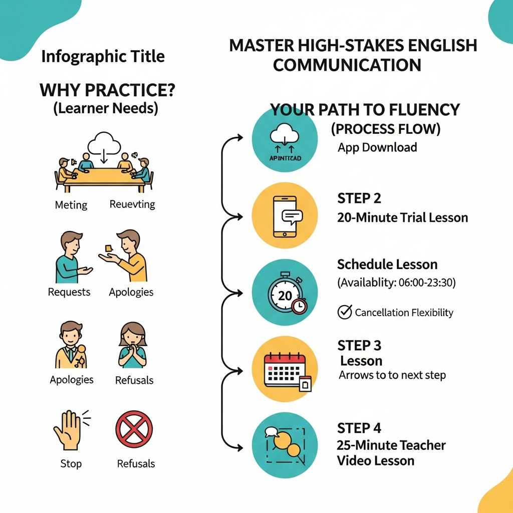 Infographic showing i-fal high-stakes English practice with a 20-minute trial, 25-minute lessons, teacher plus AI practice, and flexible scheduling.