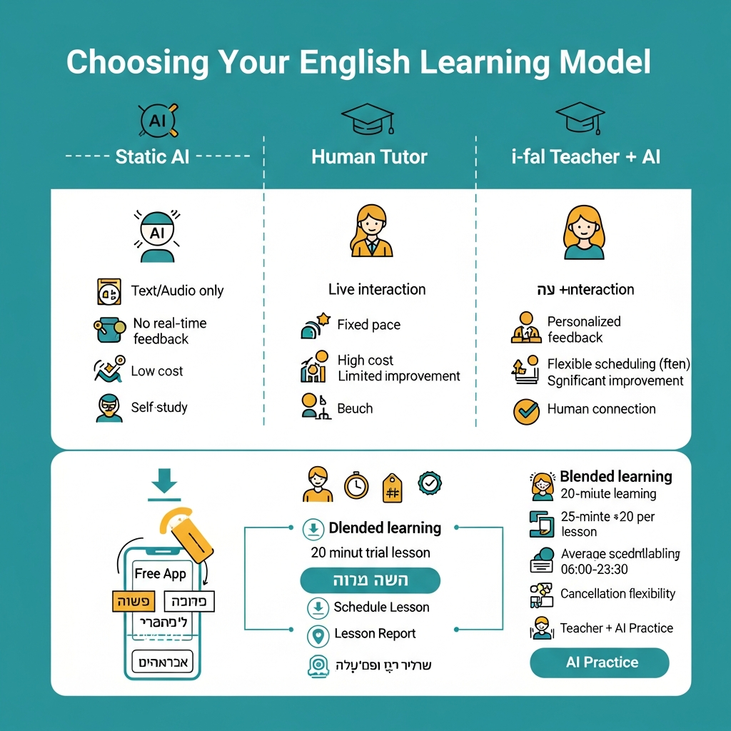Infographic comparing static AI, private tutors, and i-fal teacher plus AI English learning with price, lesson length, trial, and availability facts.