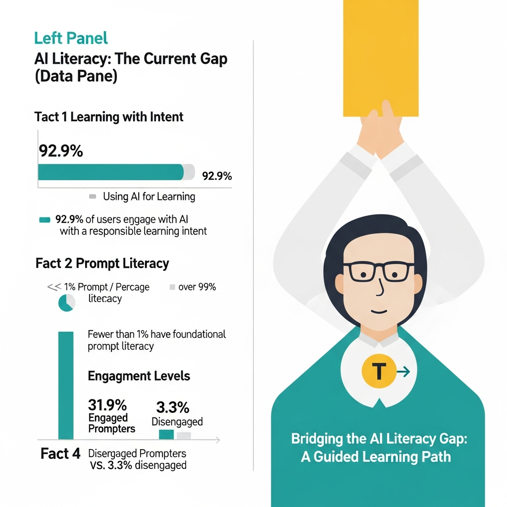 Infographic showing the AI literacy gap and i-fal's teacher plus AI English learning process with lesson length, price, availability, and flexibility.