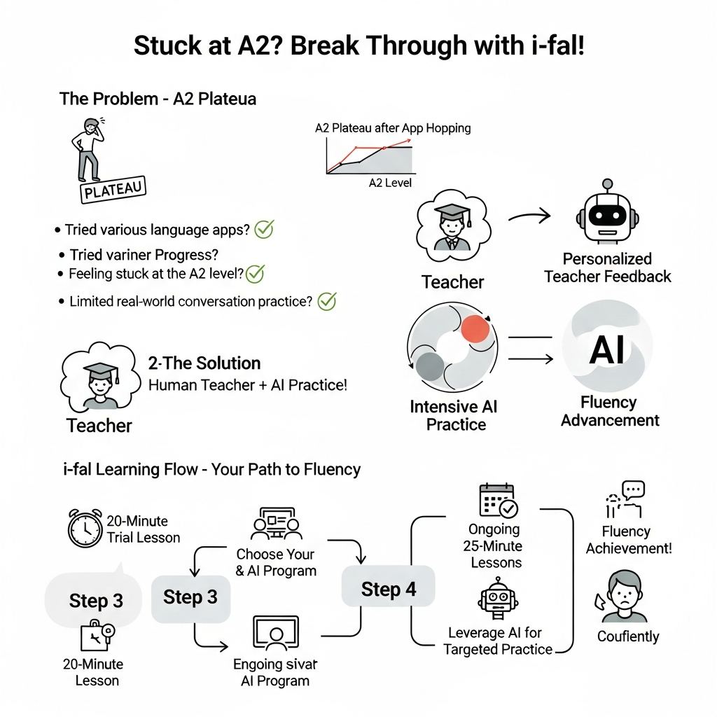 Infographic showing how teacher plus AI practice helps learners overcome the A2 fluency plateau with i-fal lesson facts.