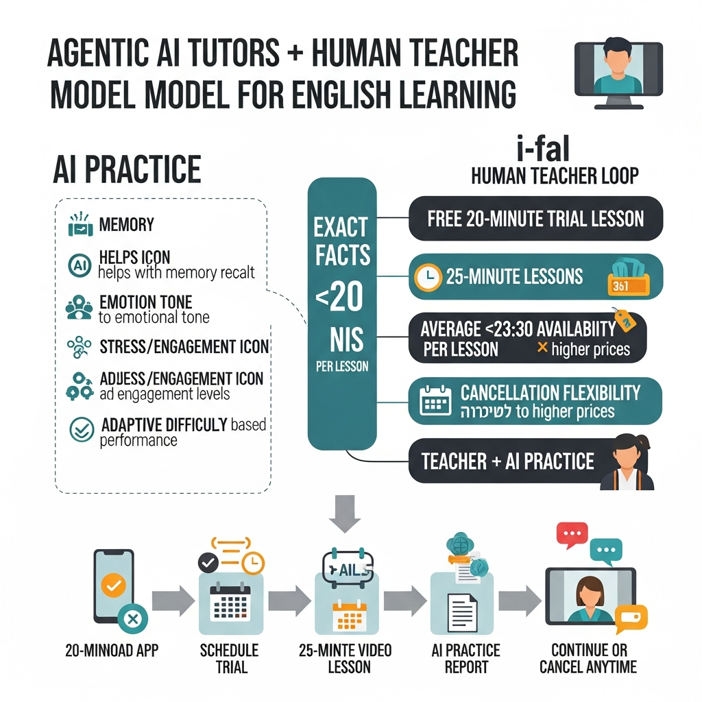 Infographic showing the i-fal teacher plus AI practice model with trial length, lesson length, price, availability, and cancellation flexibility.