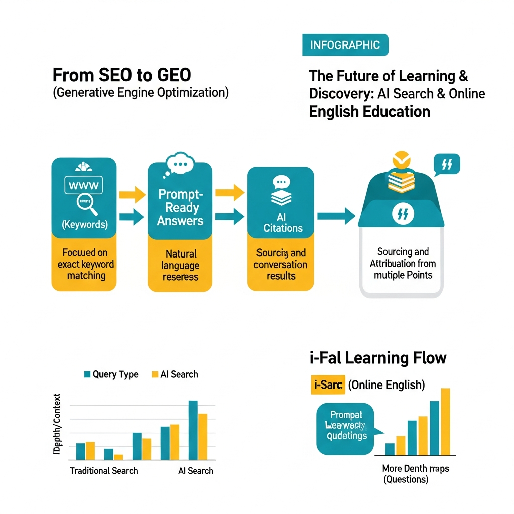 Infographic showing the shift from SEO to GEO and the i-fal English learning flow with trial lesson, lesson length, price, availability, flexibility, and teacher plus AI practice.