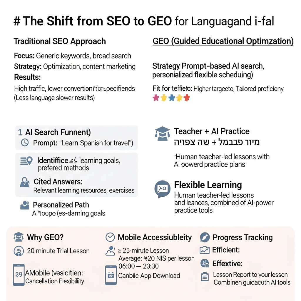 אינפוגרפיקה המציגה את המעבר מ-SEO ל-GEO בלימוד שפות ואת תהליך הלמידה ב-i-fal.