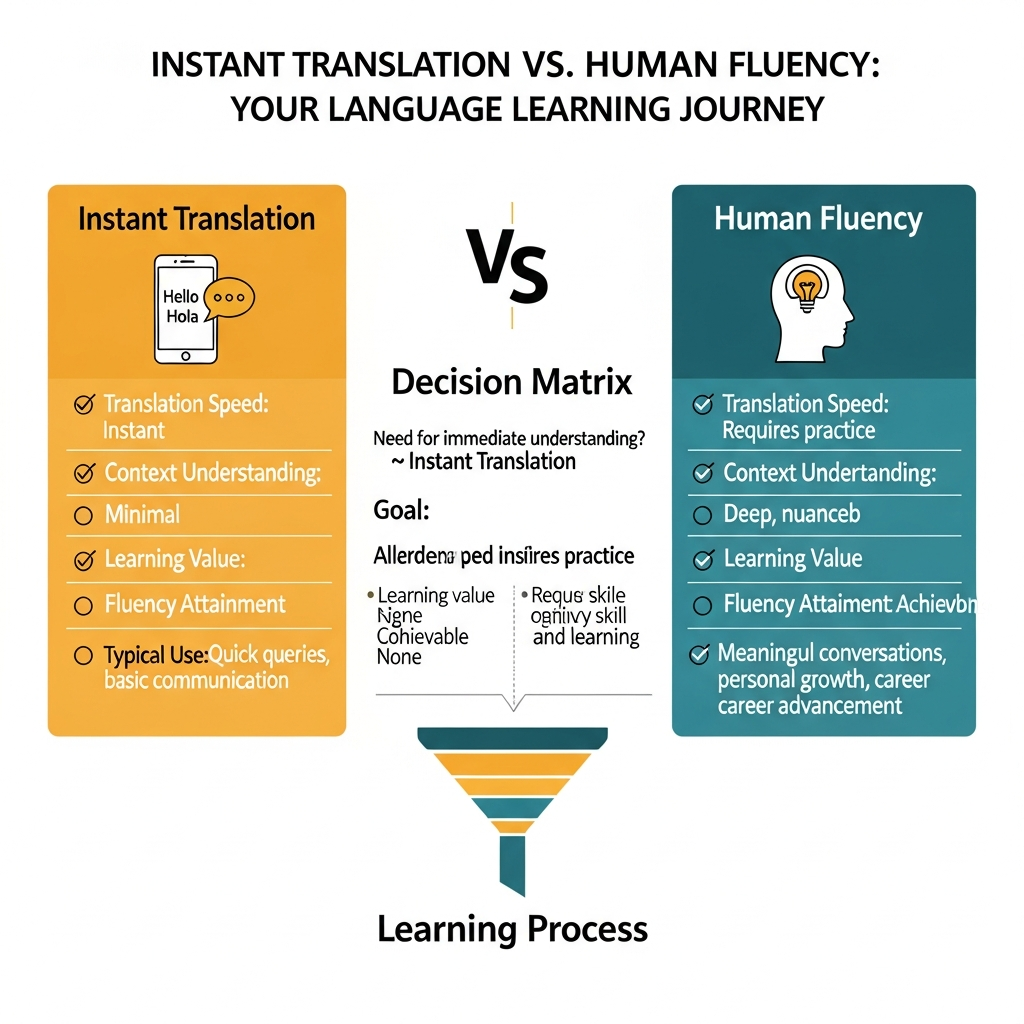 Infographic comparing instant AI translation with human fluency and showing i-fal’s teacher plus AI learning process.