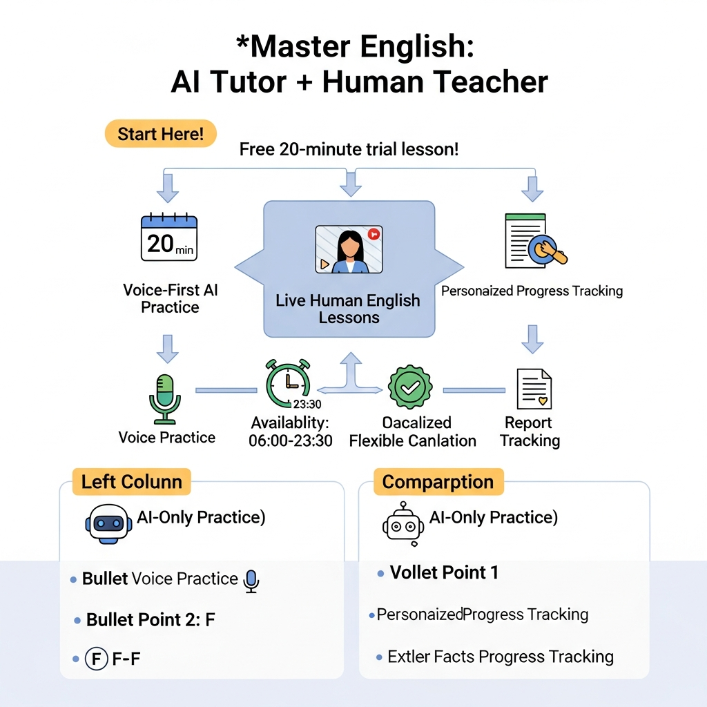 Infographic showing how i-fal combines a 20-minute trial, 25-minute lessons, teacher and AI practice, flexible hours, and cancellation flexibility.