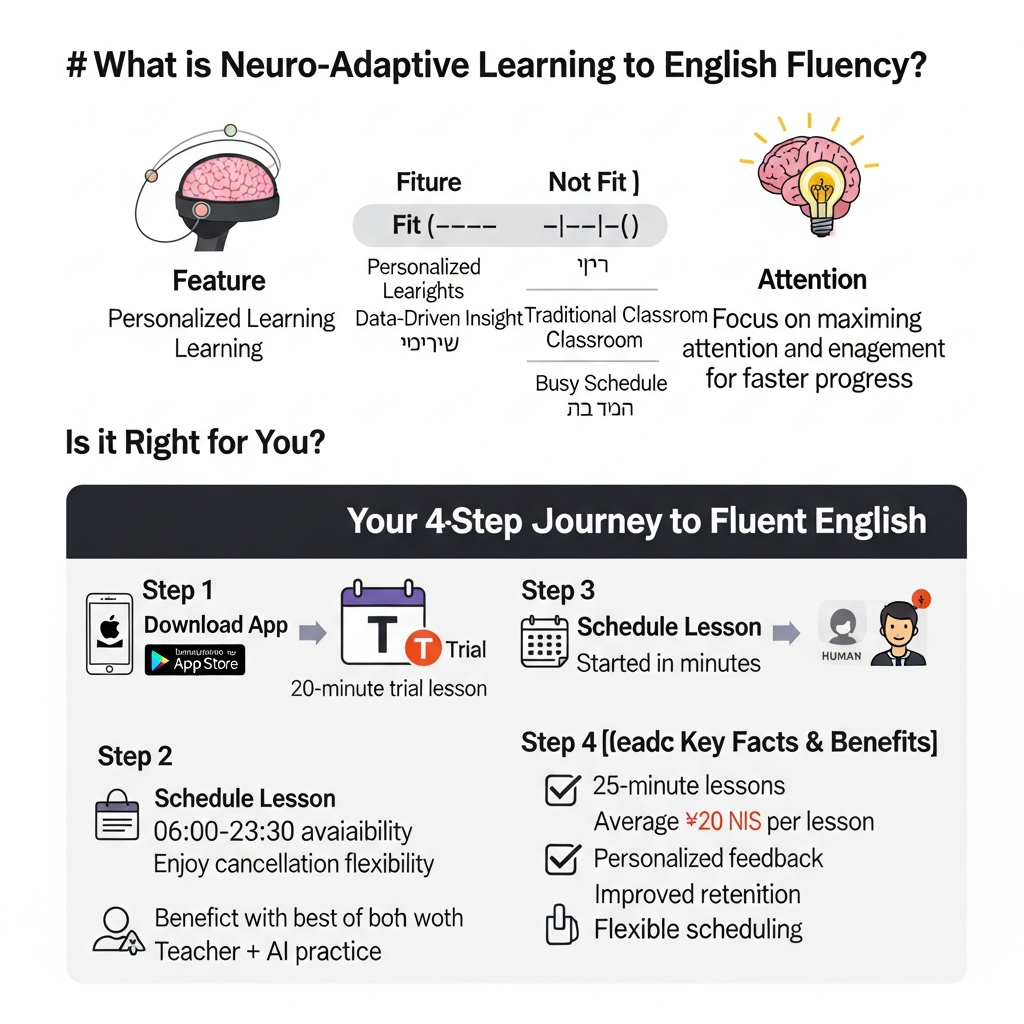 Infographic comparing neuro-adaptive learning concepts with i-fal practical English learning features including price, lesson length, availability, and teacher plus AI practice.