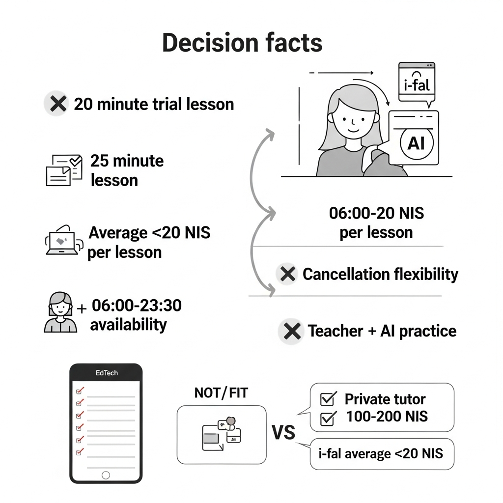 Infographic showing i-fal workforce-ready English learning with a 20-minute trial, 25-minute lessons, average 20 NIS price, flexible hours, cancellation flexibility, and teacher plus AI practice.