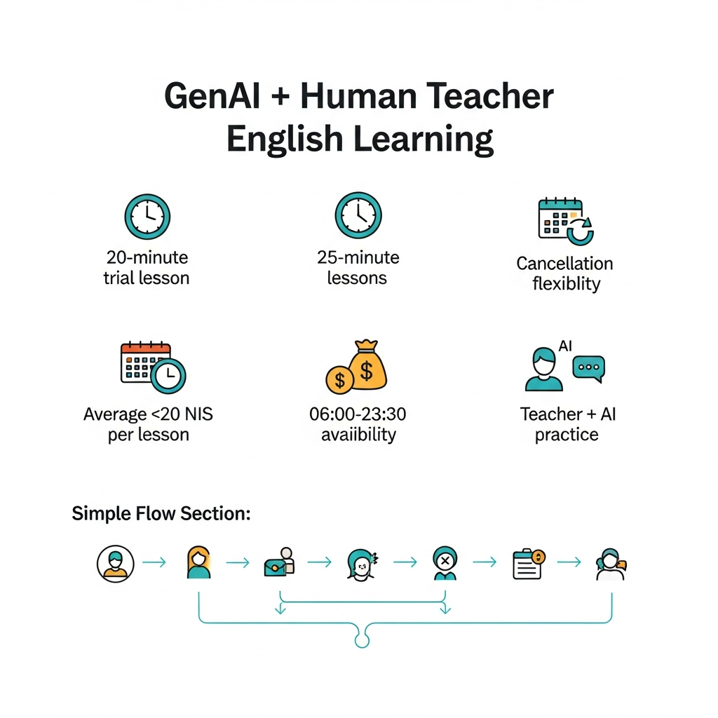 Infographic showing i-fal English learning with a 20-minute trial, 25-minute lessons, about 20 NIS per lesson, broad availability, cancellation flexibility, and teacher plus AI practice.