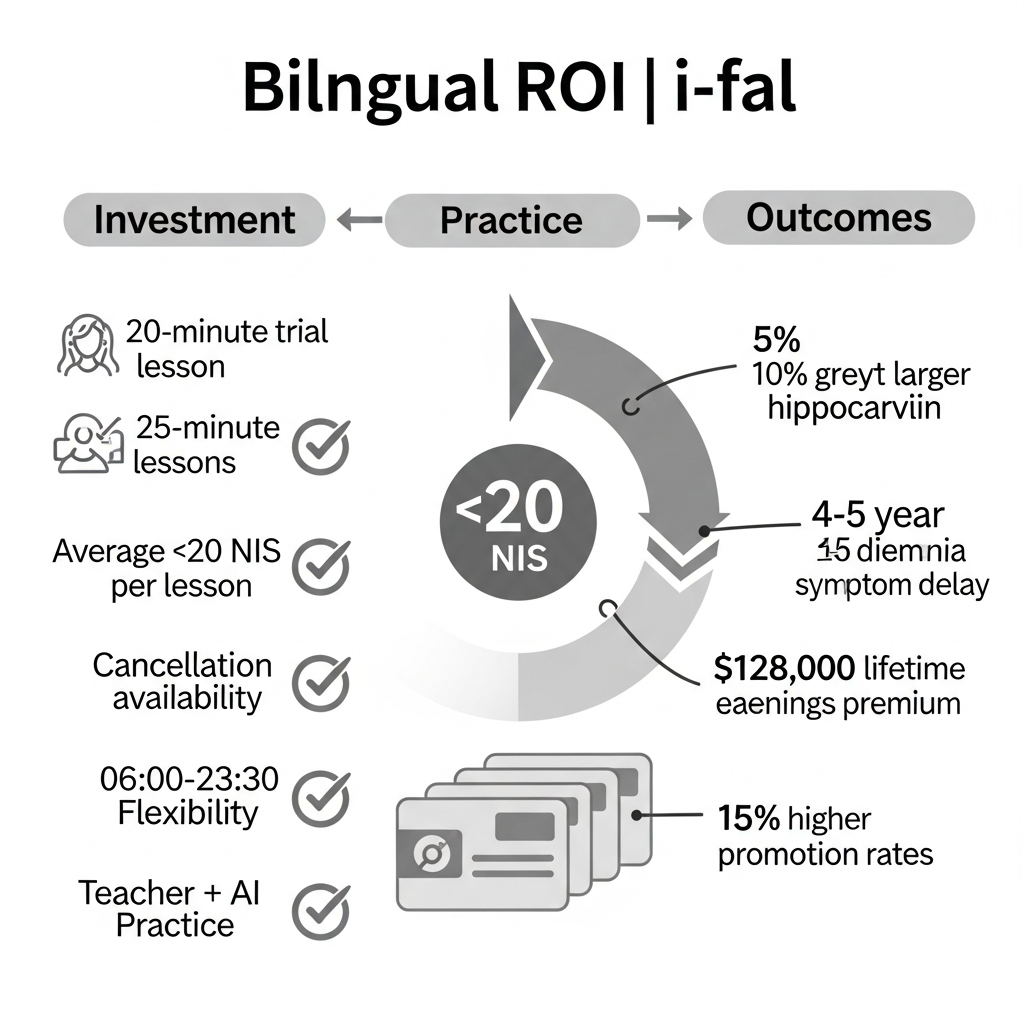 Infographic showing bilingual ROI data and i-fal lesson features including trial, price, schedule, teacher and AI practice.