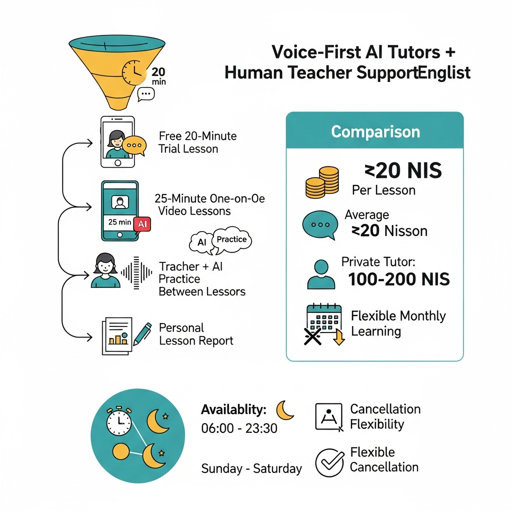 Infographic showing i-fal voice-first English learning with a 20-minute trial, 25-minute lessons, teacher plus AI practice, flexible hours, and low lesson cost.