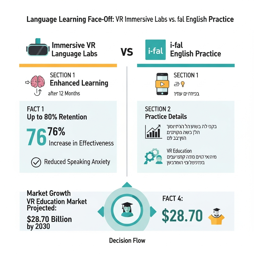 Infographic comparing VR language labs with i-fal English lessons, including retention data, lesson length, price, availability, and teacher plus AI practice.