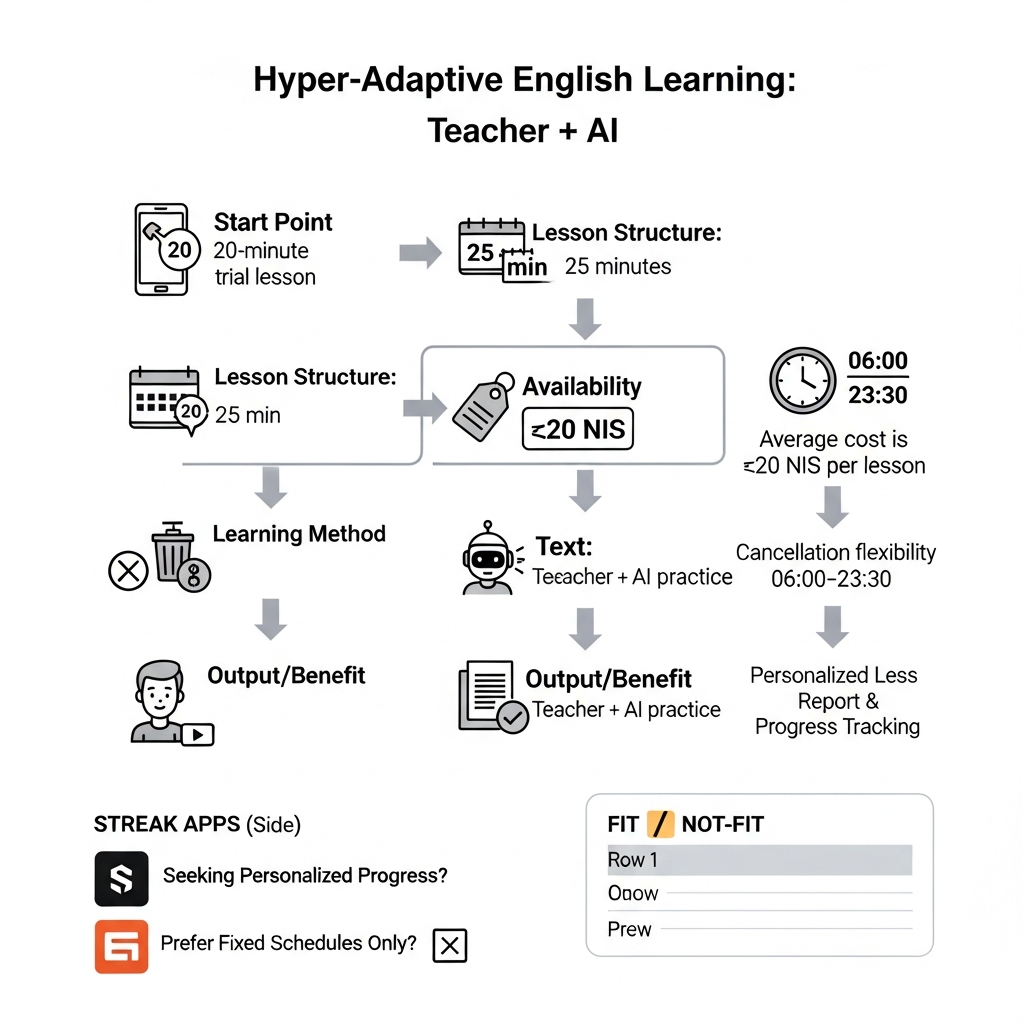 Infographic showing i-fal hyper-adaptive English learning with a 20-minute trial, 25-minute lessons, teacher plus AI practice, flexible hours, and cancellation flexibility.