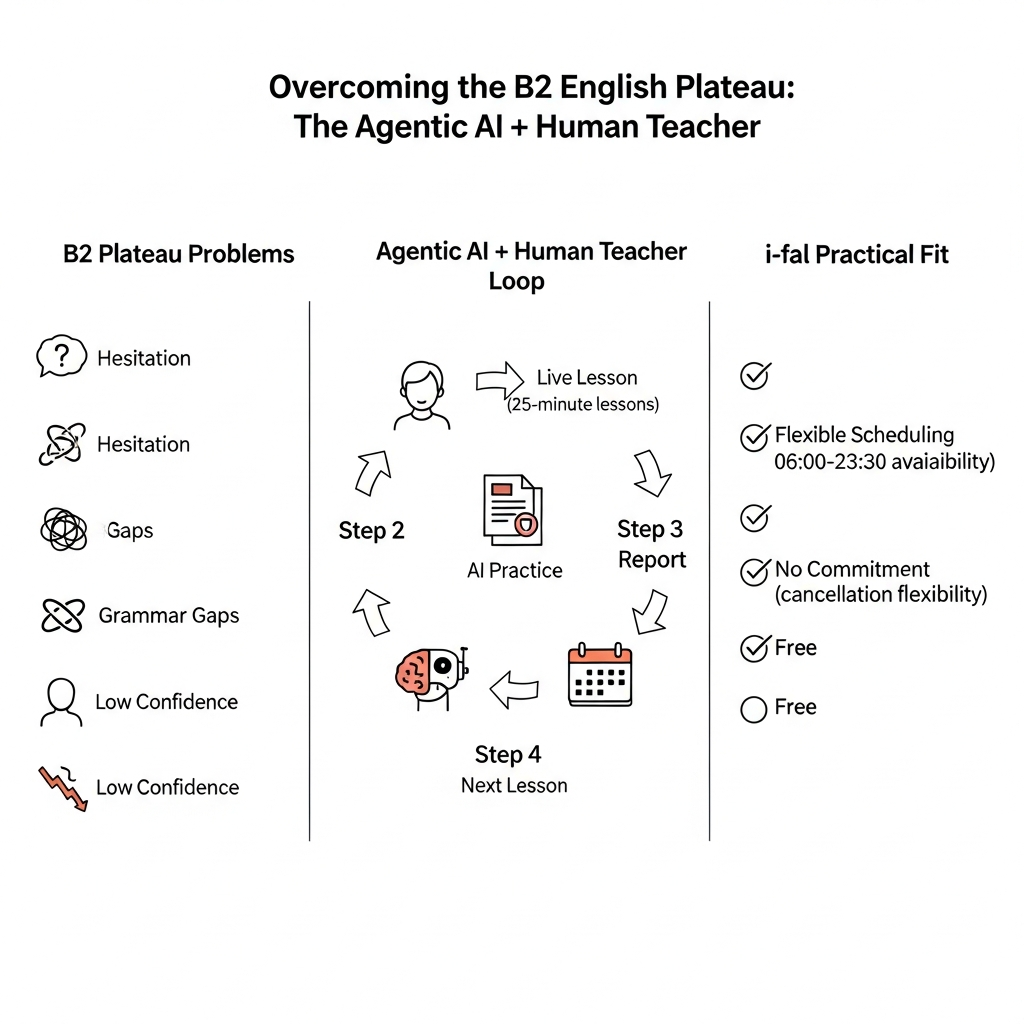 Infographic showing how agentic AI tutors and i-fal lessons help B2 learners overcome the English fluency plateau.