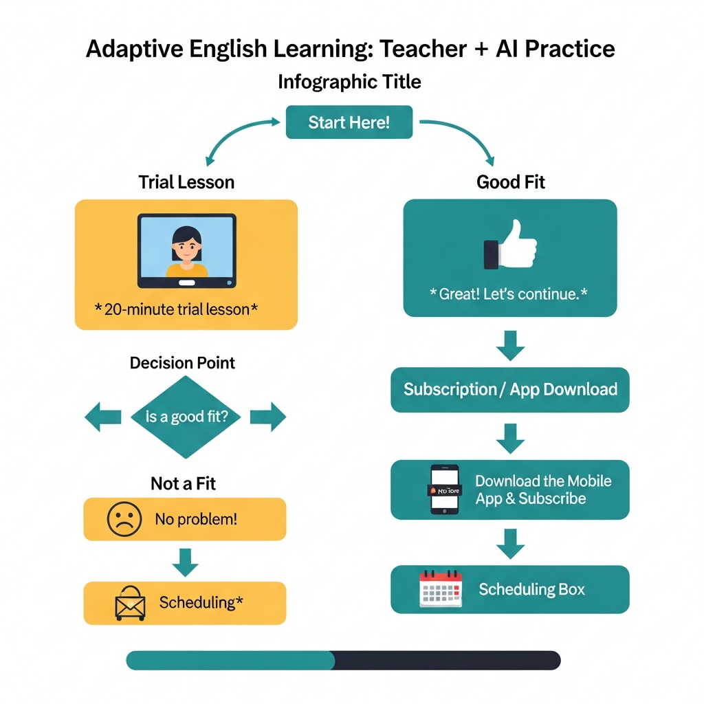 Infographic showing i-fal adaptive English learning with a 20-minute trial, 25-minute lessons, teacher plus AI practice, flexible hours, and pricing comparison.