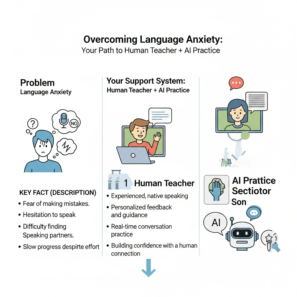 Infographic showing how anxious English learners can move from language anxiety to private 25-minute lessons, AI practice, flexible scheduling, and lower-cost learning.
