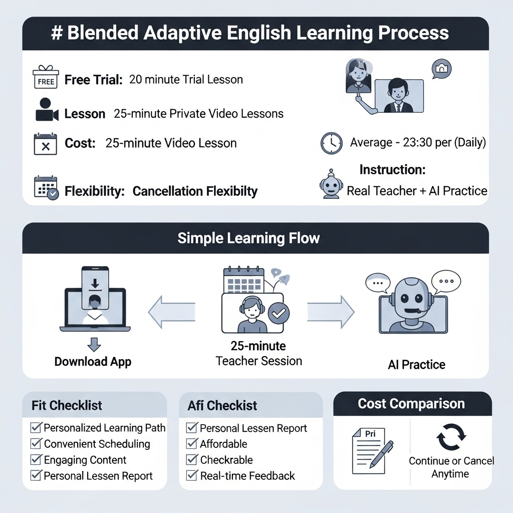 Infographic showing i-fal’s adaptive English learning flow with 20-minute trial, 25-minute lessons, teacher plus AI practice, price and availability facts.