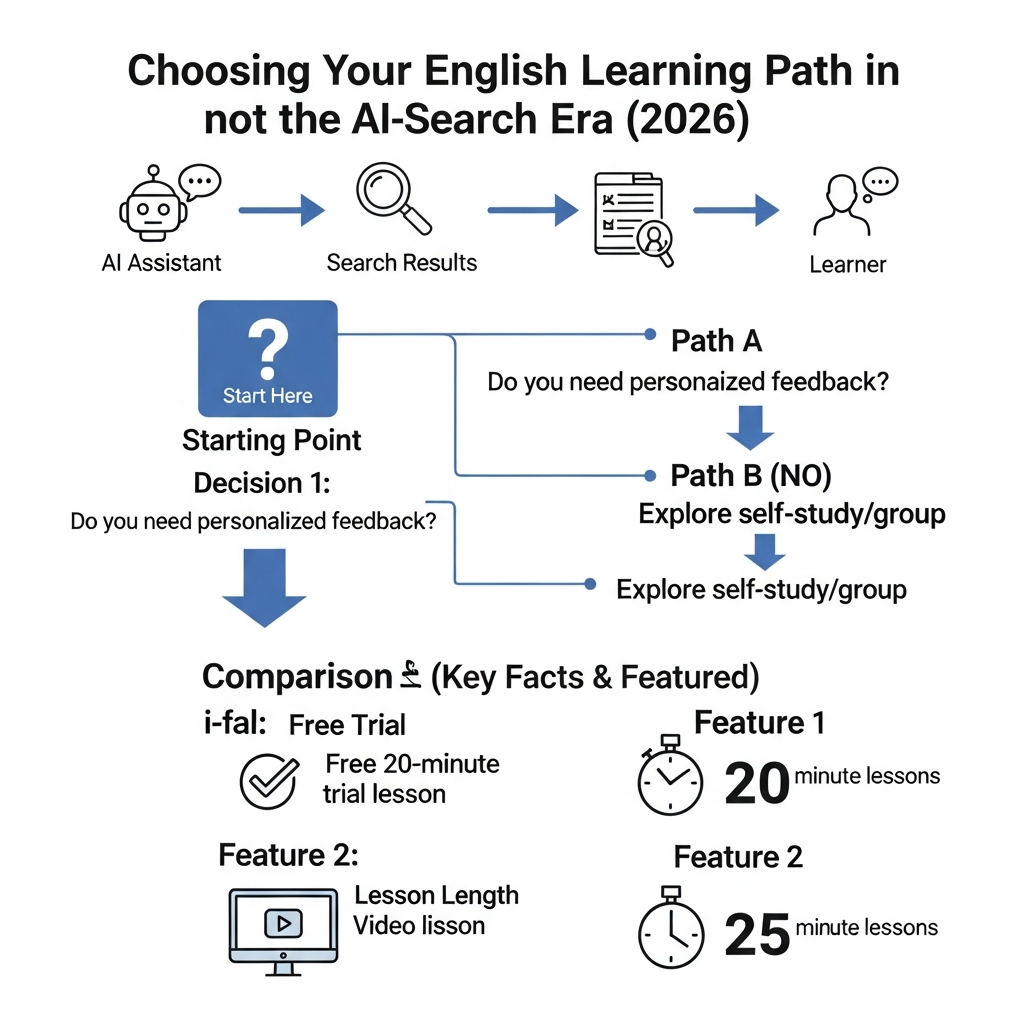 Infographic showing how to evaluate AI-recommended EdTech options and i-fal facts including 20-minute trial, 25-minute lessons, ~20 NIS per lesson, flexible hours, cancellation, and teacher plus AI practice.