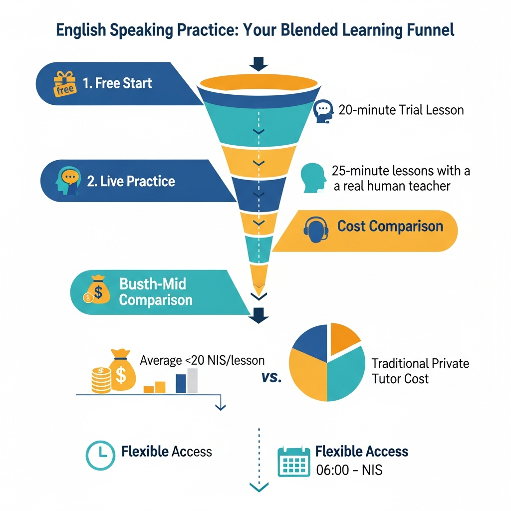 Infographic showing i-fal’s English learning process with a 20-minute trial, 25-minute lessons, about 20 NIS per lesson, flexible hours, cancellation flexibility, and teacher plus AI practice.