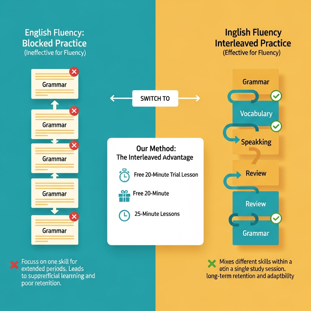 Infographic comparing blocked practice with interleaved English practice and showing i-fal lesson facts.