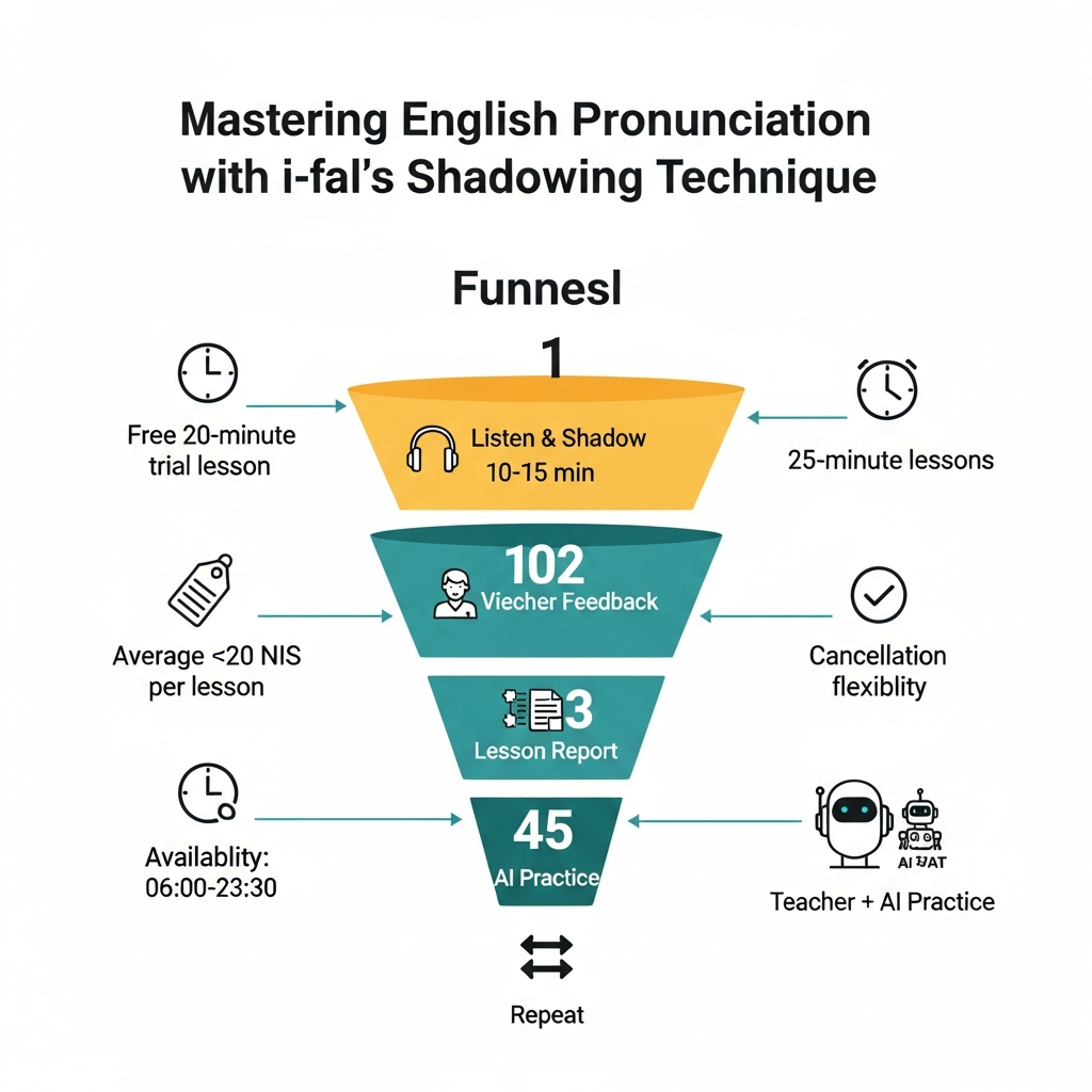 Infographic showing a shadowing practice routine combined with i-fal teacher feedback, AI practice, lesson length, price and availability facts.