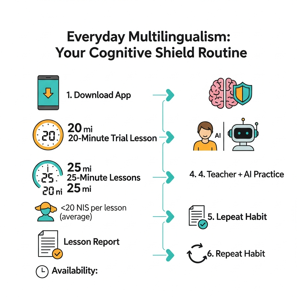 Infographic showing i-fal English learning flow with 20-minute trial, 25-minute lessons, teacher and AI practice, flexible hours, and average price.