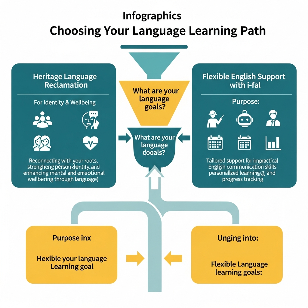 Infographic comparing heritage language learning goals with i-fal English support, including trial length, lesson length, price, availability, flexibility, and teacher plus AI practice.