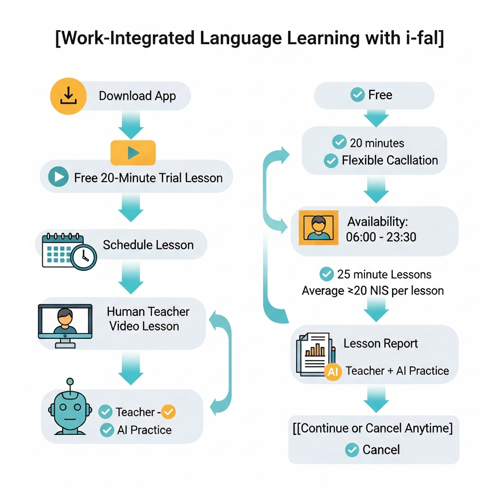 Infographic showing i-fal’s work-integrated English learning flow with trial lesson, 25-minute lessons, price, availability, teacher support, AI practice, and cancellation flexibility.