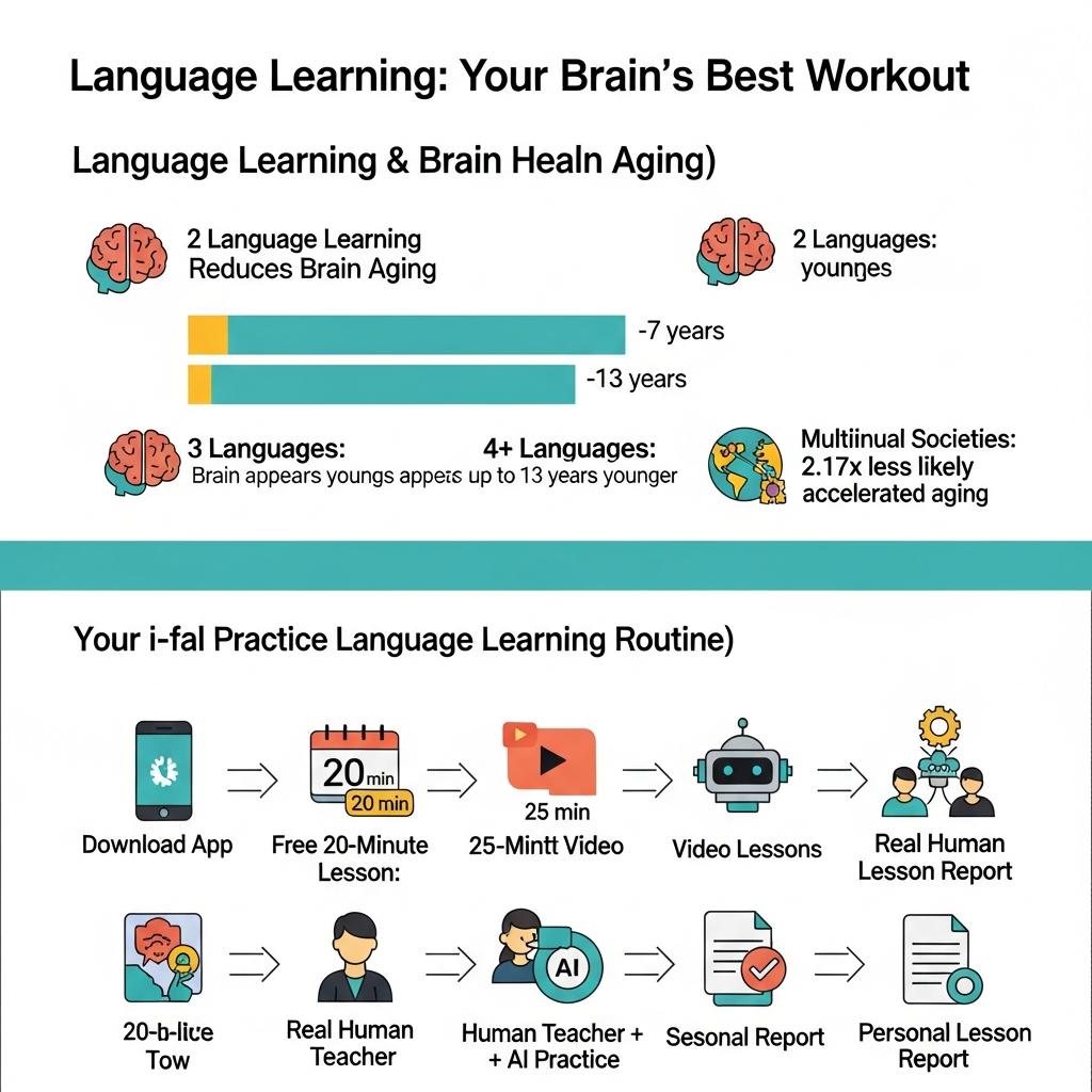 Infographic showing multilingualism brain-aging statistics and the i-fal English learning process with teacher plus AI practice.