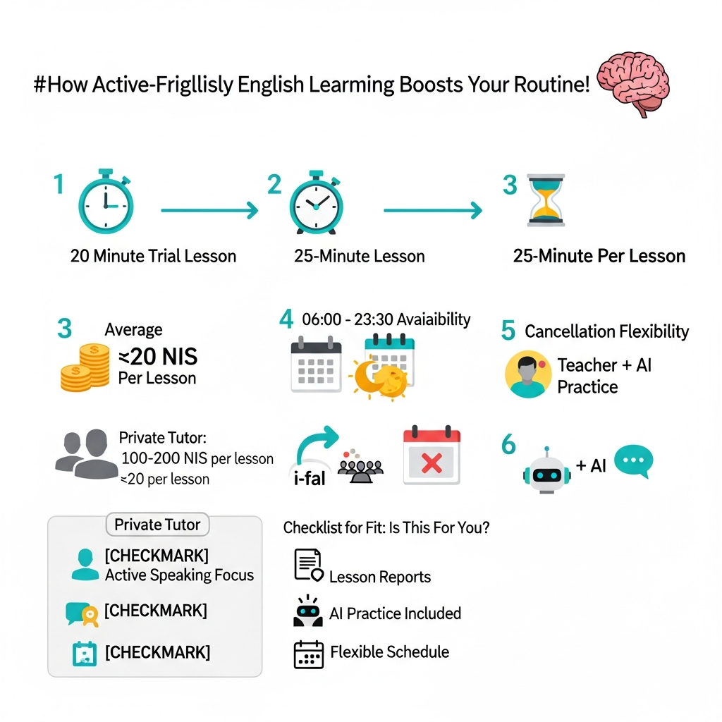 Infographic showing i-fal English learning process with 20-minute trial, 25-minute lessons, teacher plus AI practice, price and availability facts.