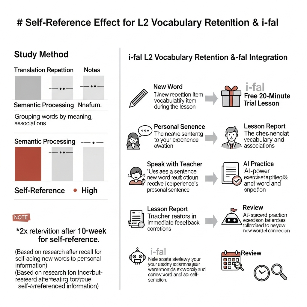 Infographic comparing vocabulary study methods and showing i-fal facts including 20-minute trial, 25-minute lessons, ~20 NIS price, flexible hours, cancellation, and teacher plus AI practice.