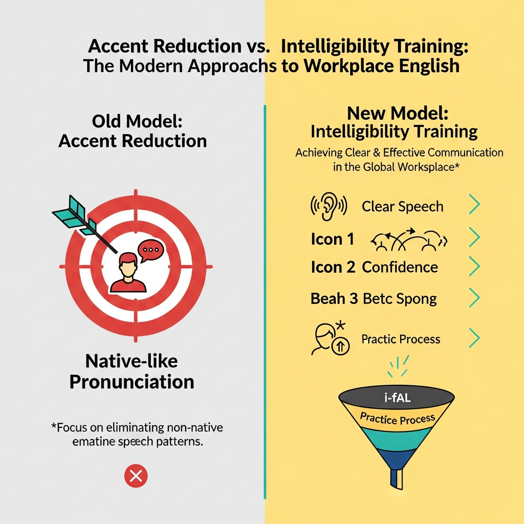 Infographic comparing accent reduction with intelligibility training and showing i-fal lesson facts including 20-minute trial, 25-minute lessons, and teacher plus AI practice.