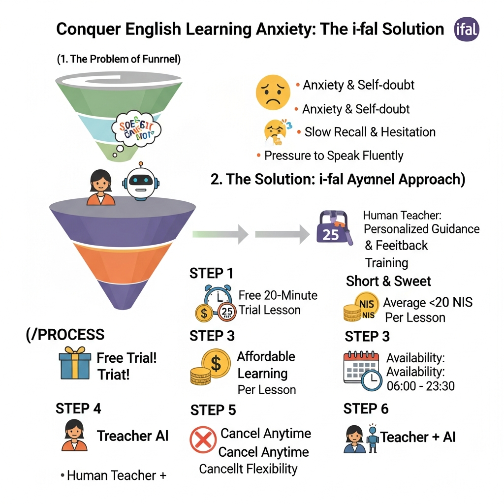 Infographic showing Neurolanguage Coaching practice with i-fal facts: 20-minute trial, 25-minute lessons, ~20 NIS, 06:00-23:30 availability, cancellation flexibility and teacher plus AI practice.