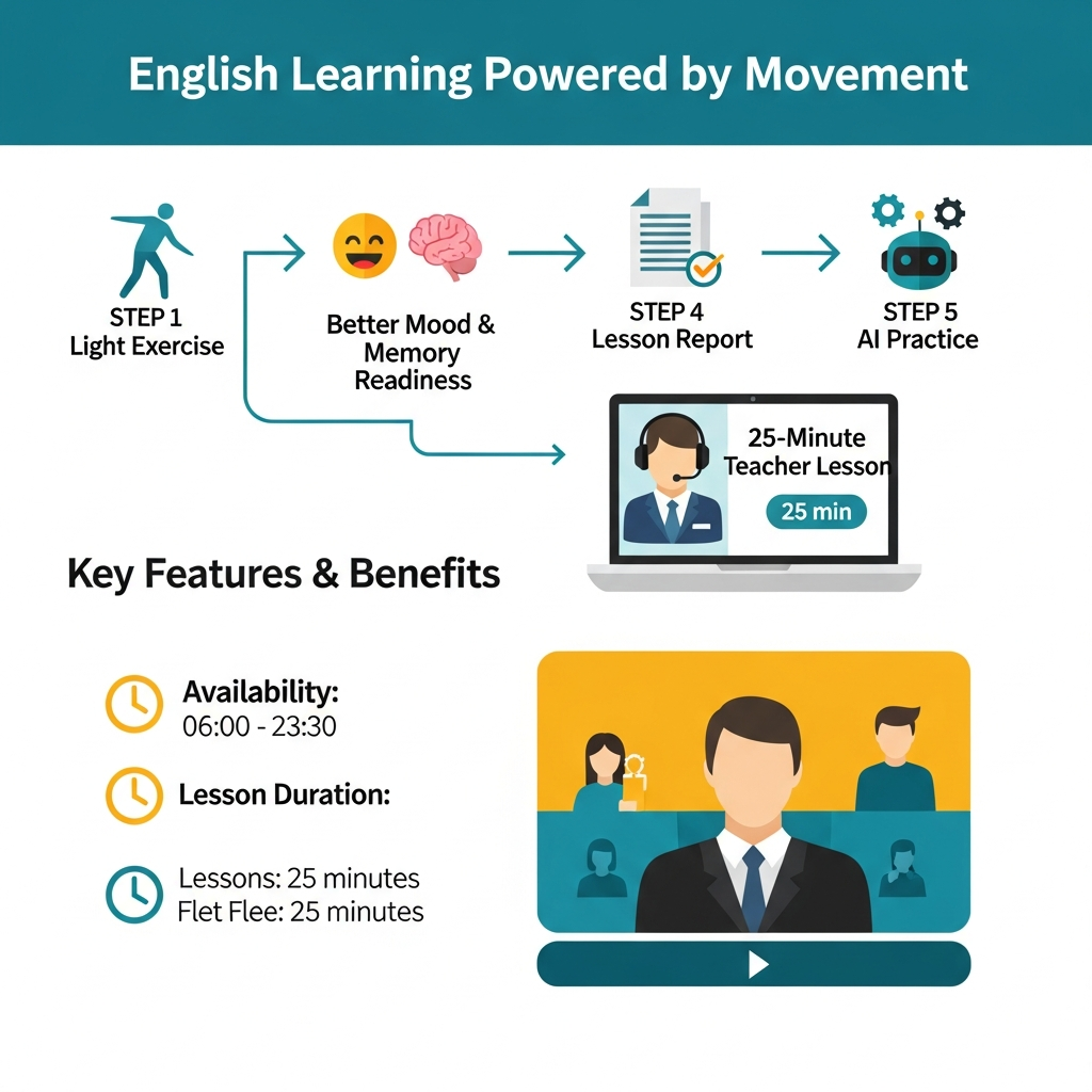 Infographic showing light exercise combined with 25-minute English lessons, teacher feedback, AI practice, flexible scheduling, and i-fal pricing facts.