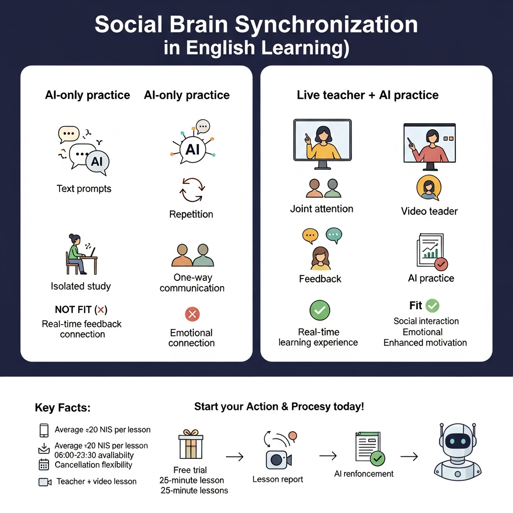 Infographic comparing AI-only English study with live teacher plus AI practice, showing i-fal lesson length, price, availability, trial, and flexibility.